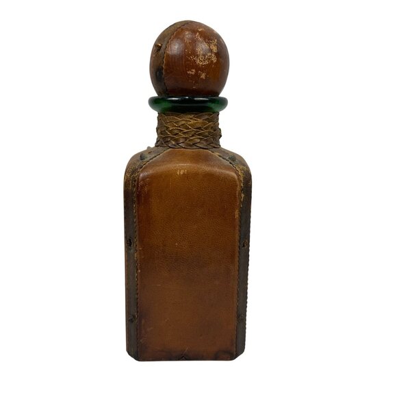 Vintage Leather Wrapped Decanter Wooden Stopper & Embossed Design A Menini Italy - Picture 4 of 9
